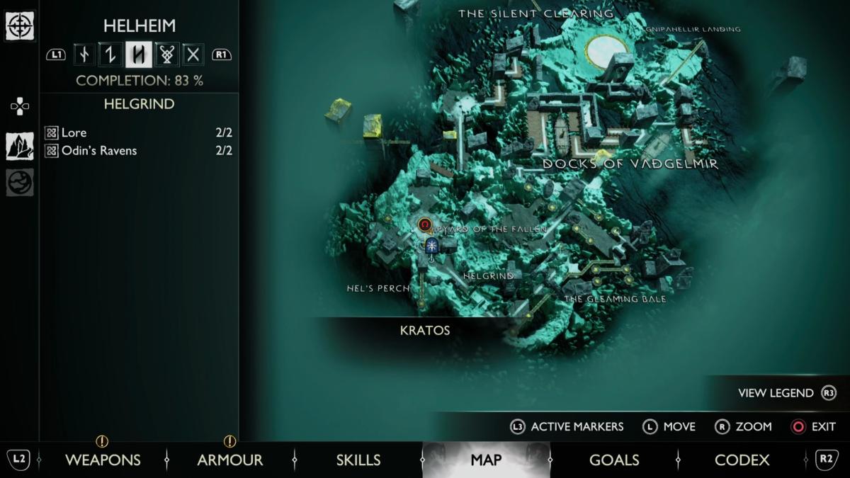 The location of Odin's Ravens in Helheim, God of War Ragnarok. Map view.